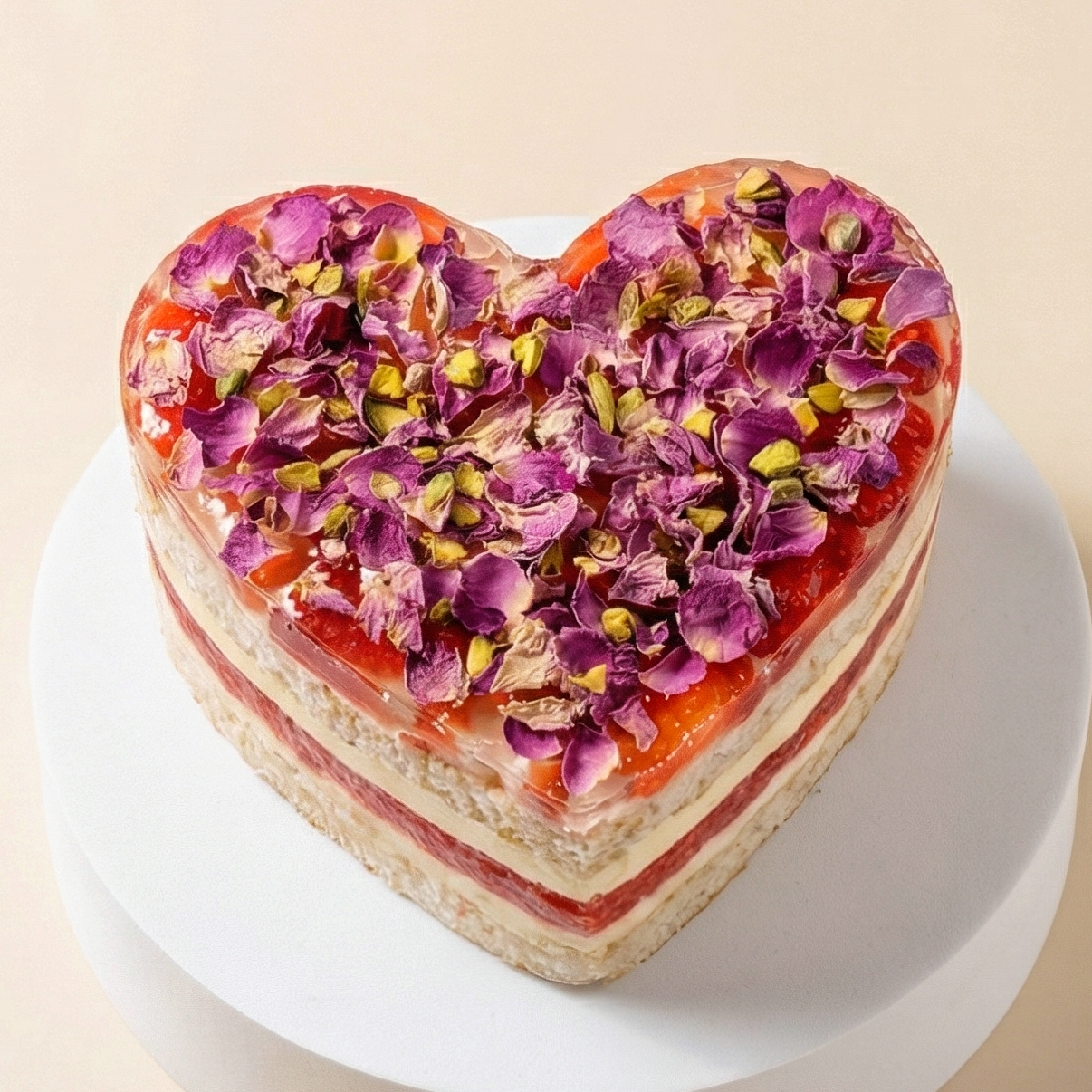 A beautiful heart-shaped Watermelon and Strawberry Layer Cake, elegantly topped with fresh fruit and rose jelly, handcrafted by BLUEBUTTER in Perth.