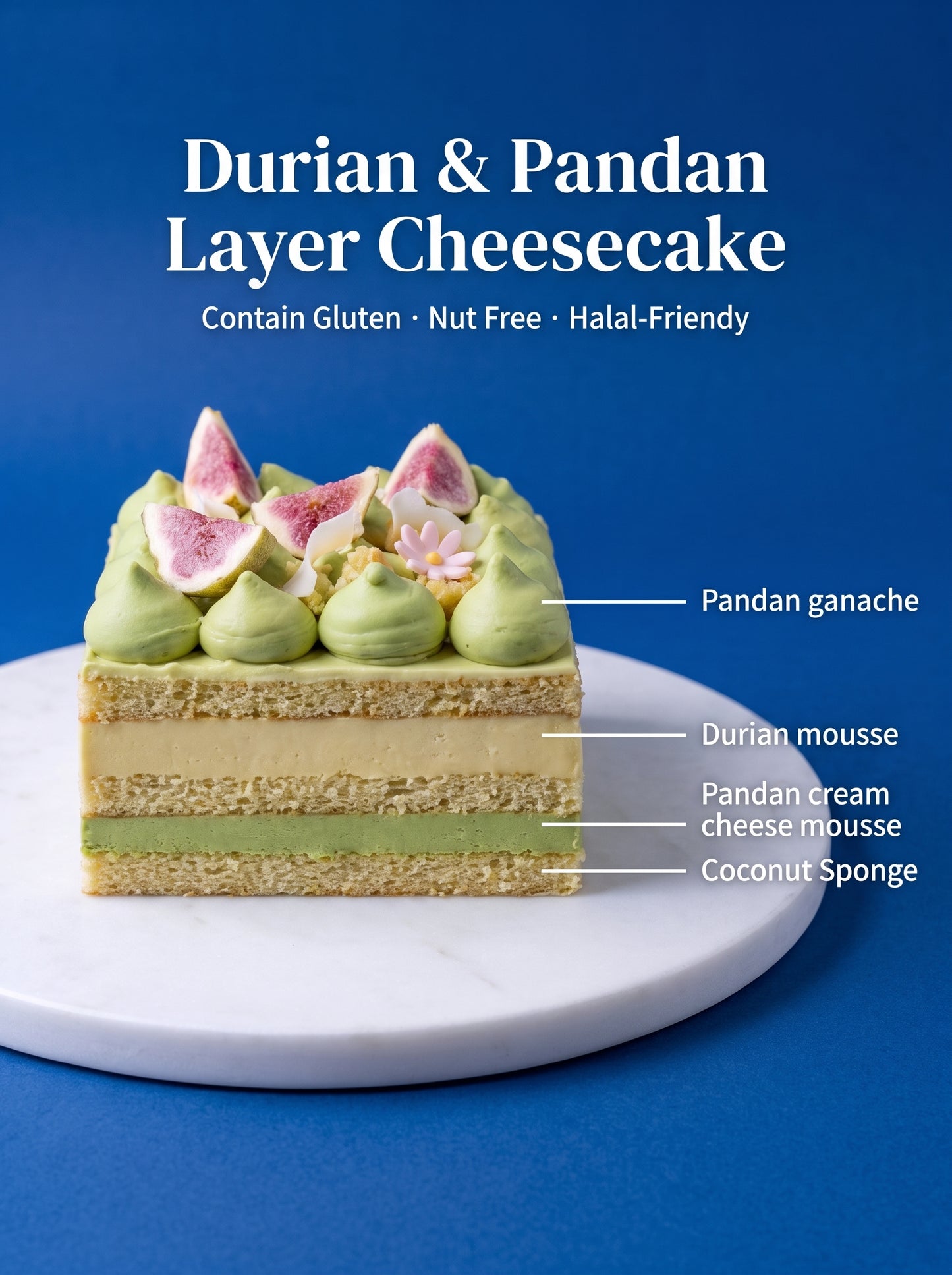 Cross-section showing a generous 200g D24 durian mousse heart, pandan cream cheese mousse, and a tender coconut sponge base.