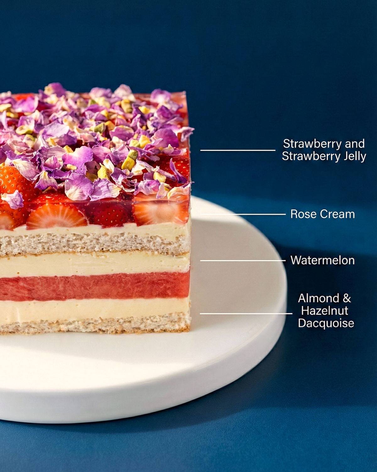 Cross-section of BLUEBUTTER’s Watermelon & Strawberry Layer Cake showing fresh watermelon, rose cream and almond hazelnut dacquoise.