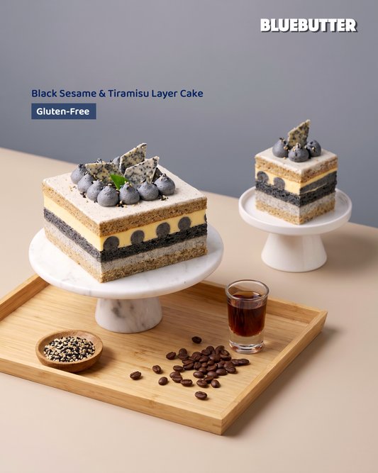 BLUEBUTTER Gluten-Free Black Sesame Tiramisu Birthday Cake Perth