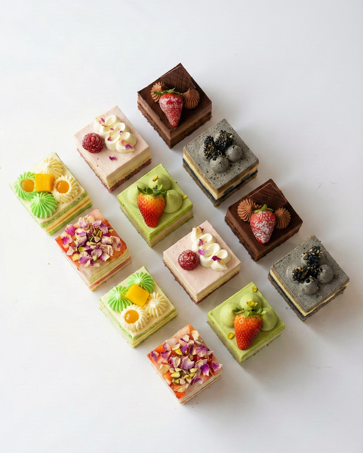 Assorted BLUEBUTTER cake slices in a Party Cake Set, featuring a mix of fruit, chocolate and signature layer cakes.