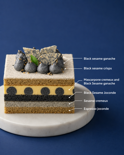 Cross-section of BLUEBUTTER’s Black Sesame & Tiramisu Layer Cake showing espresso sponge, black sesame sponge, sesame mascarpone crémeux and black sesame ganache.