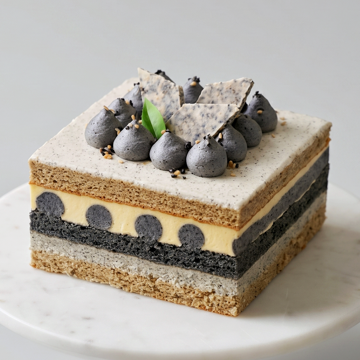 BLUEBUTTER Black Sesame & Tiramisu Layer Cake with black sesame cream, espresso sponge and sesame crisp decoration.