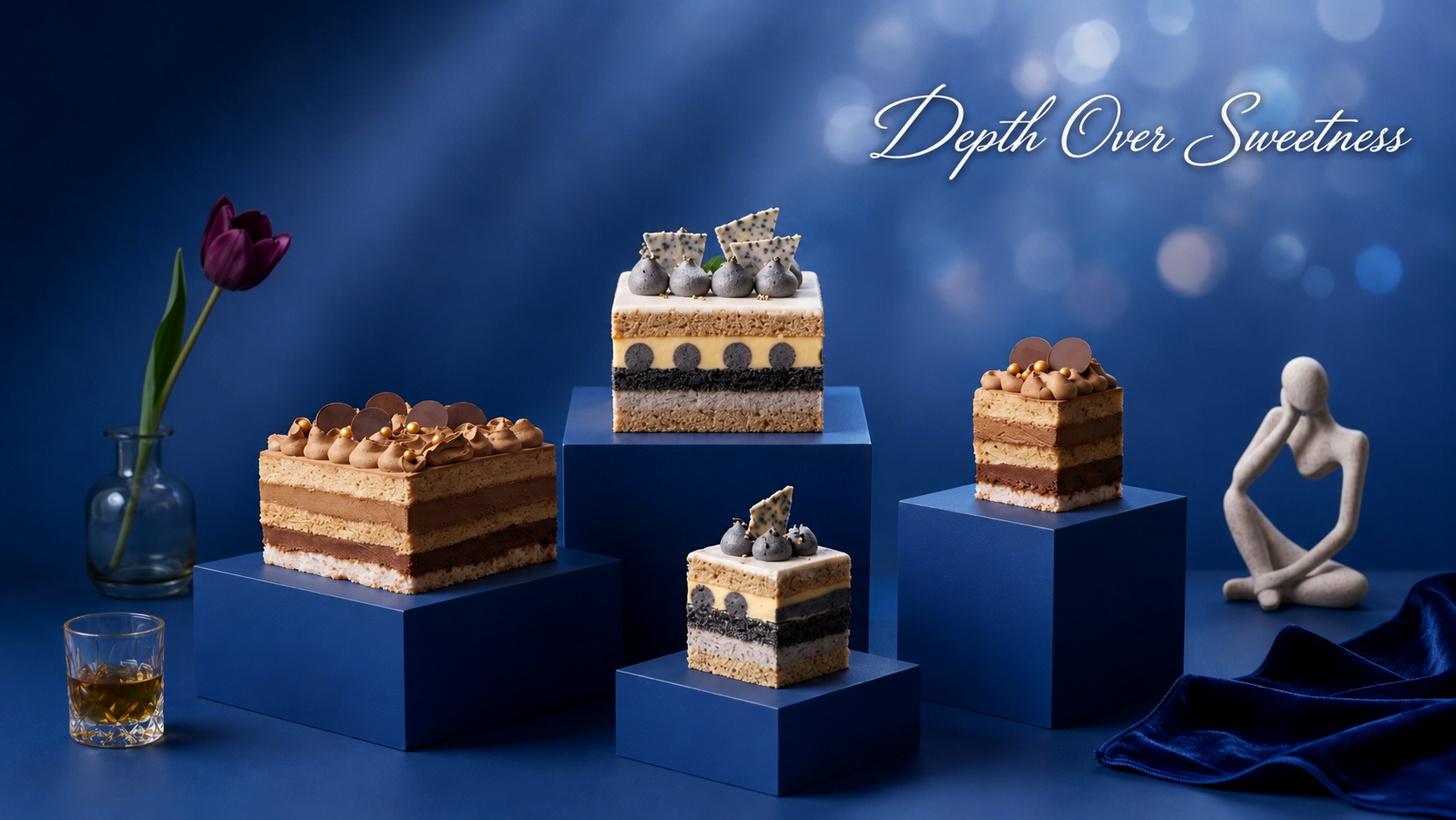 A luxurious collection of BLUEBUTTER Gluten-Free cakes on blue podiums in Perth, featuring Black Sesame & Tiramisu and Hazelnut Hojicha Chocolate cakes, with a glass of whisky and the text 'Depth Over Sweetness' in the background.