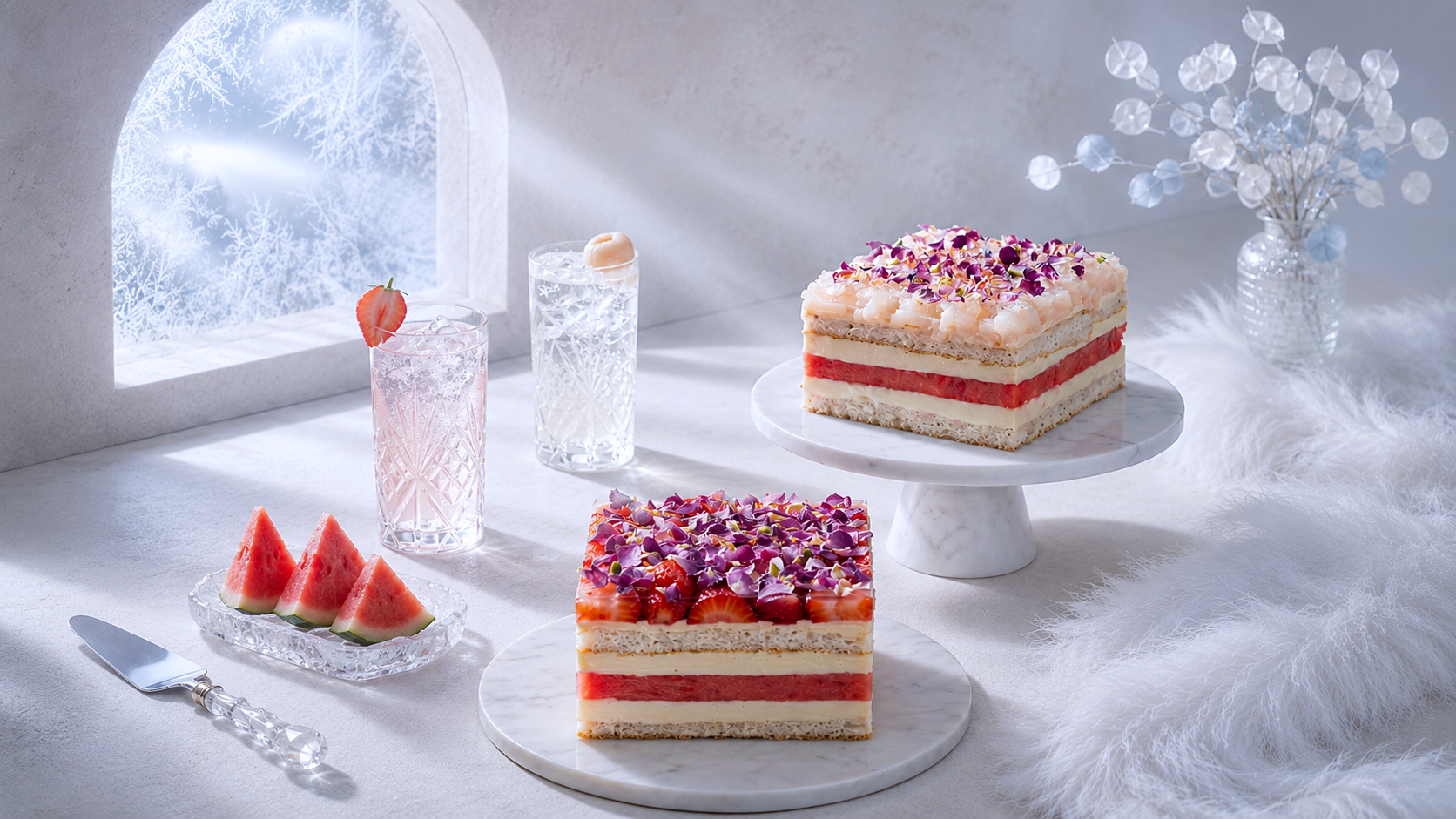 BLUEBUTTER's signature Strawberry and Lychee Watermelon Layer Cakes elegantly displayed in a frosty, winter-themed aesthetic in Perth. The vibrant layers of fresh watermelon, smooth cream, and gluten-free sponge are topped with delicate rose petals, accompanied by refreshing iced drinks and fresh watermelon slices