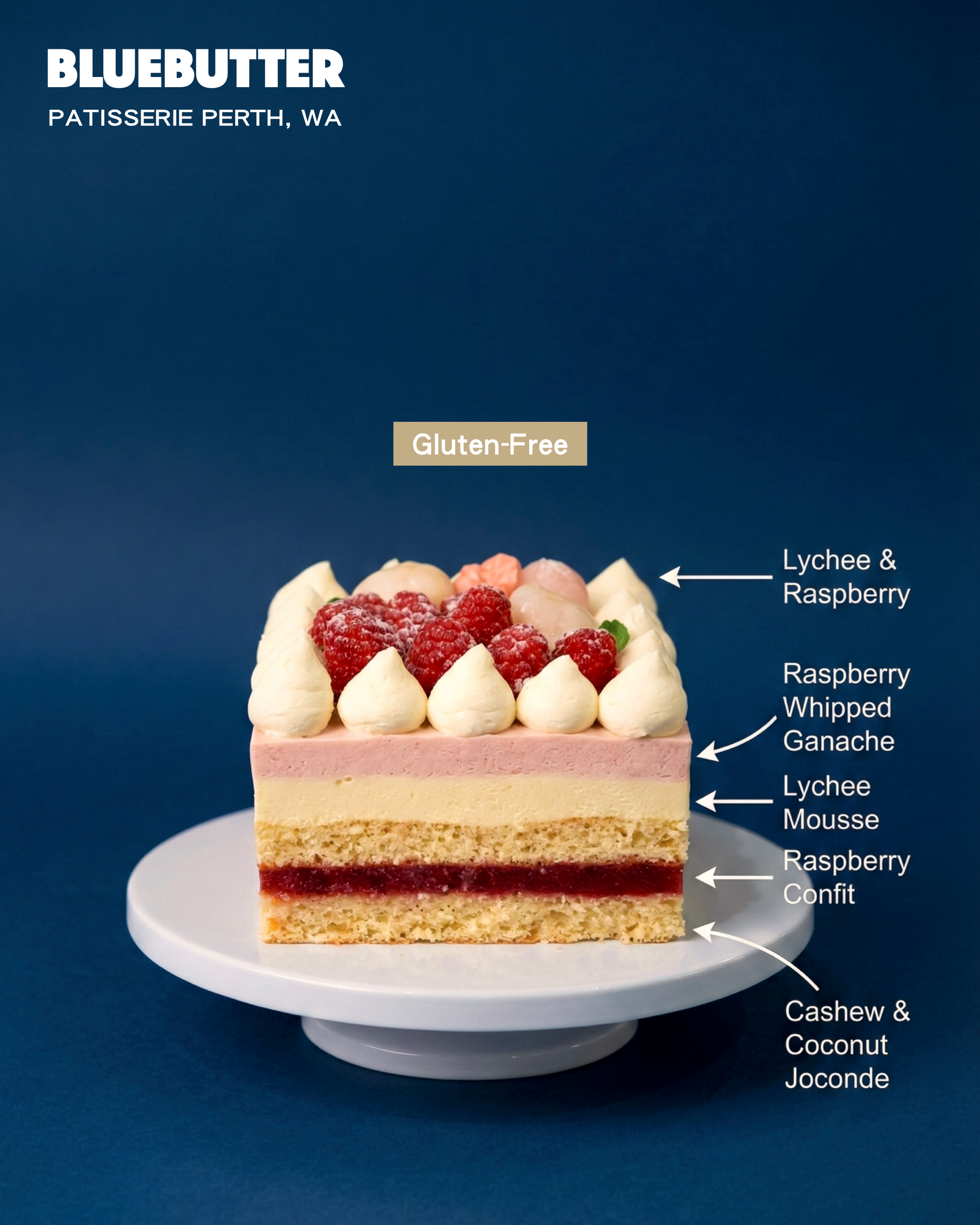 Cross-section showing layers of creamy lychee mousse, zesty raspberry confit, and a cashew coconut joconde base.