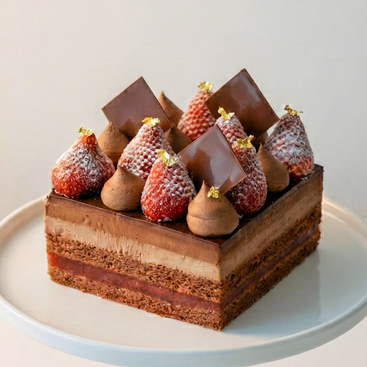 BLUEBUTTER Choco & Choco Layer Cake with dark and milk chocolate mousse, almond chocolate joconde and strawberry confit.