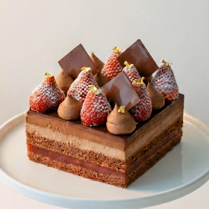 A premium gluten-free Choco and Choco Layer Cake crafted with 100% Veliche chocolate, beautifully handcrafted by BLUEBUTTER Patisserie in Perth.