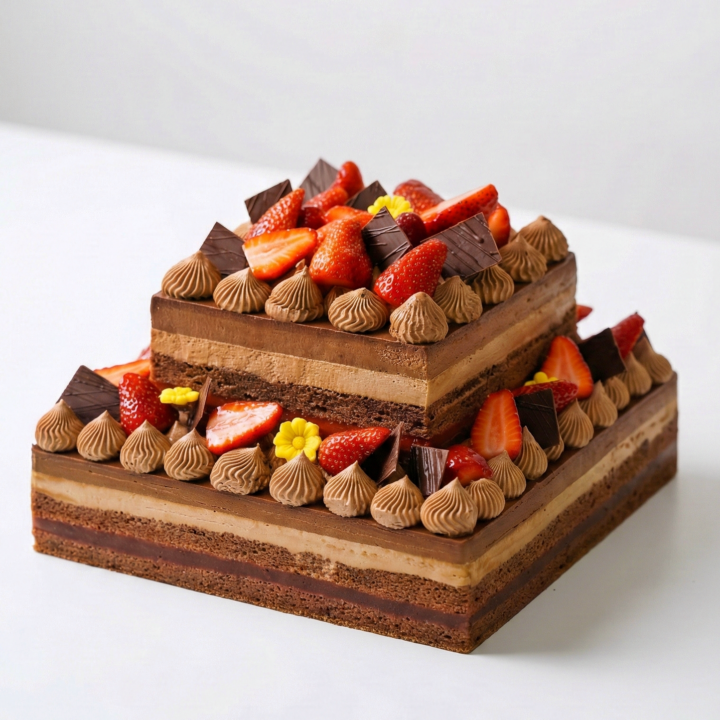 A showstopping gluten-free Choco and Choco Double Layer Cake topped with fresh strawberries and chocolate shards, handcrafted by BLUEBUTTER Patisserie in Perth.