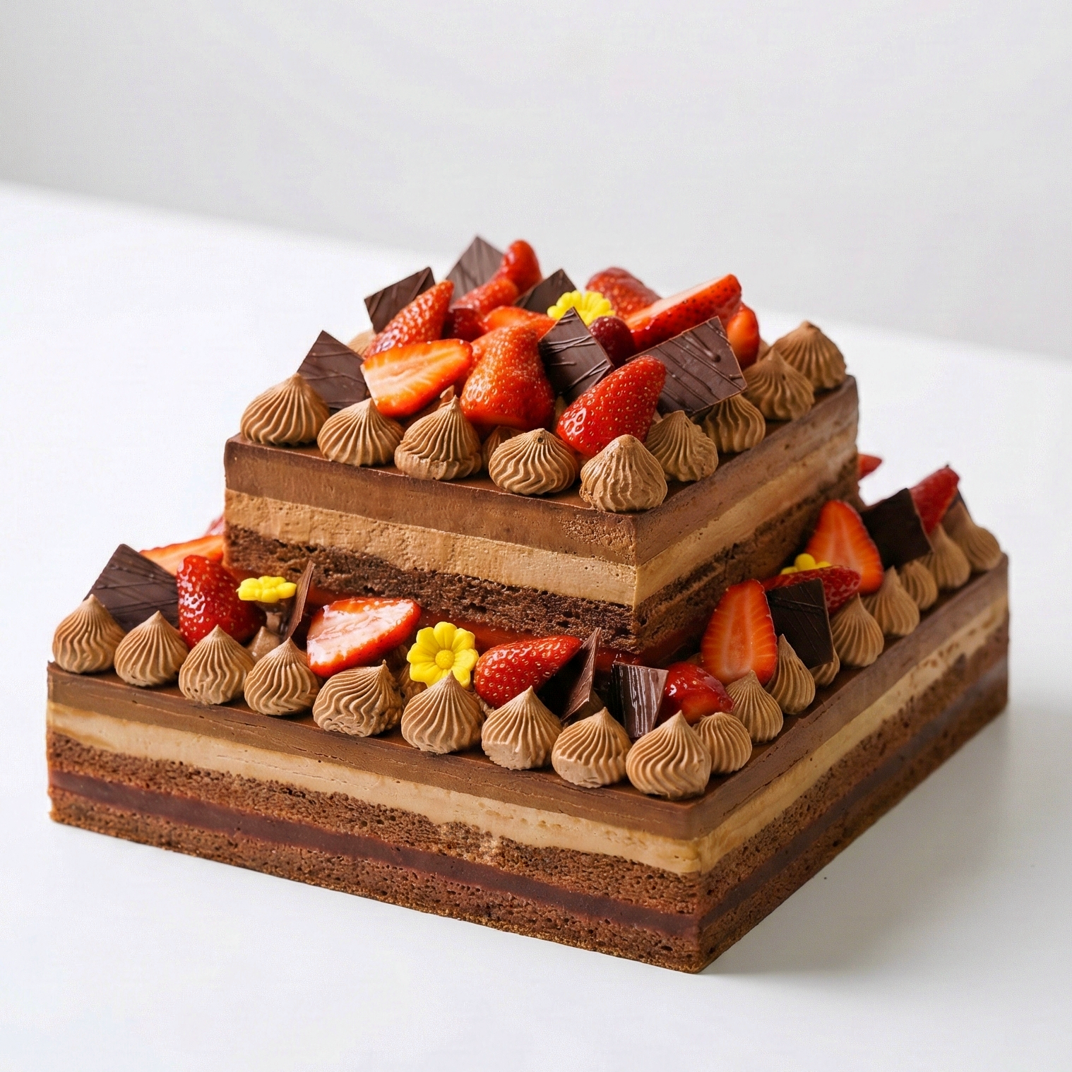A showstopping gluten-free Choco and Choco Double Layer Cake topped with fresh strawberries and chocolate shards, handcrafted by BLUEBUTTER Patisserie in Perth.