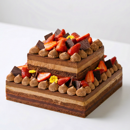 A showstopping gluten-free Choco and Choco Double Layer Cake topped with fresh strawberries and chocolate shards, handcrafted by BLUEBUTTER Patisserie in Perth.