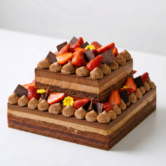 A showstopping gluten-free Choco and Choco Double Layer Cake topped with fresh strawberries and chocolate shards, handcrafted by BLUEBUTTER Patisserie in Perth.