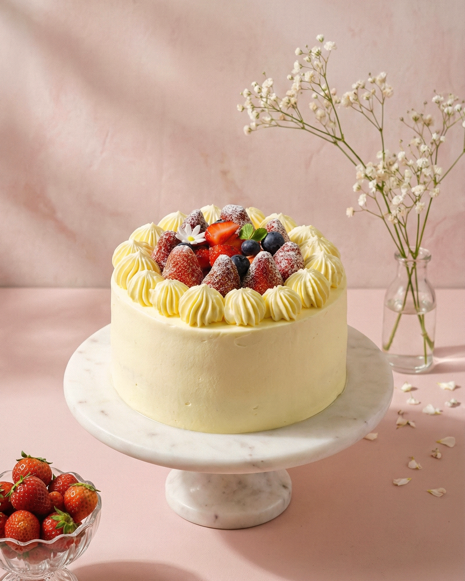 A beautifully classic Strawberry Shortcake generously topped with fresh juicy strawberries and smooth cream, handcrafted by BLUEBUTTER Patisserie in Perth.