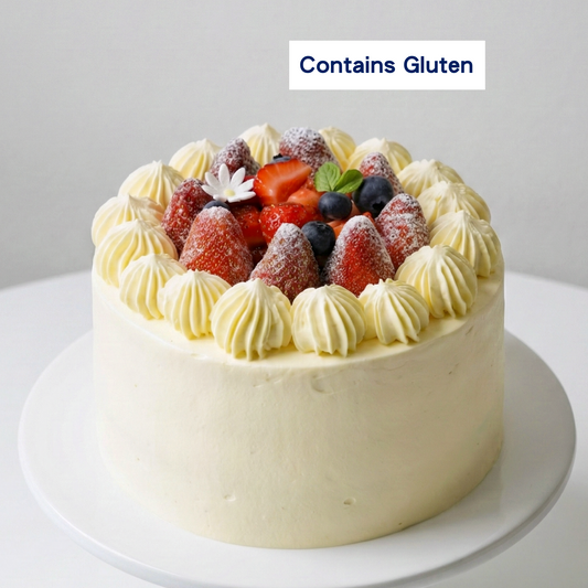A beautifully classic Strawberry Shortcake generously topped with fresh juicy strawberries and smooth cream, handcrafted by BLUEBUTTER Patisserie in Perth.