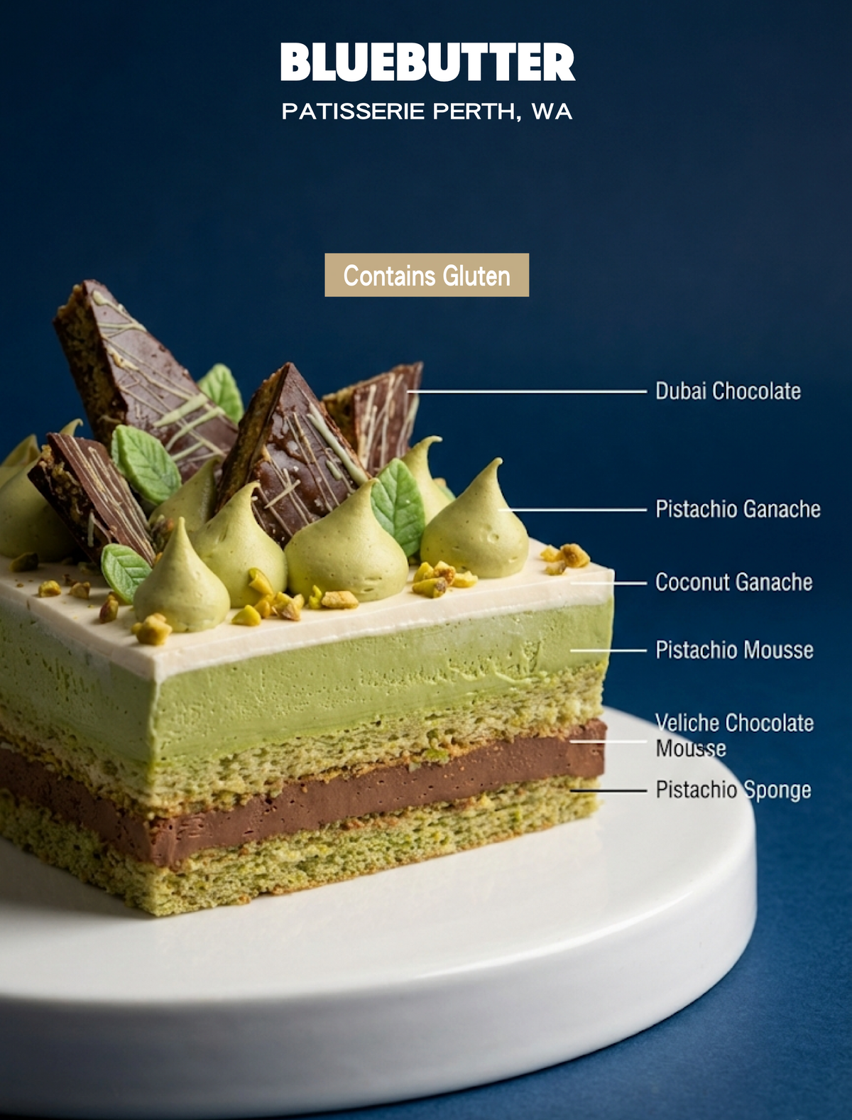 Cross-section of BLUEBUTTER’s Dubai Chocolate Layer Cake showing pistachio sponge, Veliche dark chocolate mousse, pistachio cream and coconut ganache.