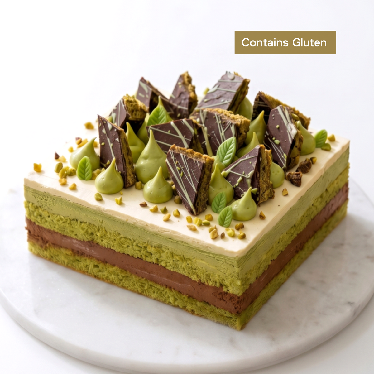 BLUEBUTTER Dubai Chocolate Layer Cake with dark chocolate mousse, pistachio cream, coconut ganache and Dubai chocolate decoration.
