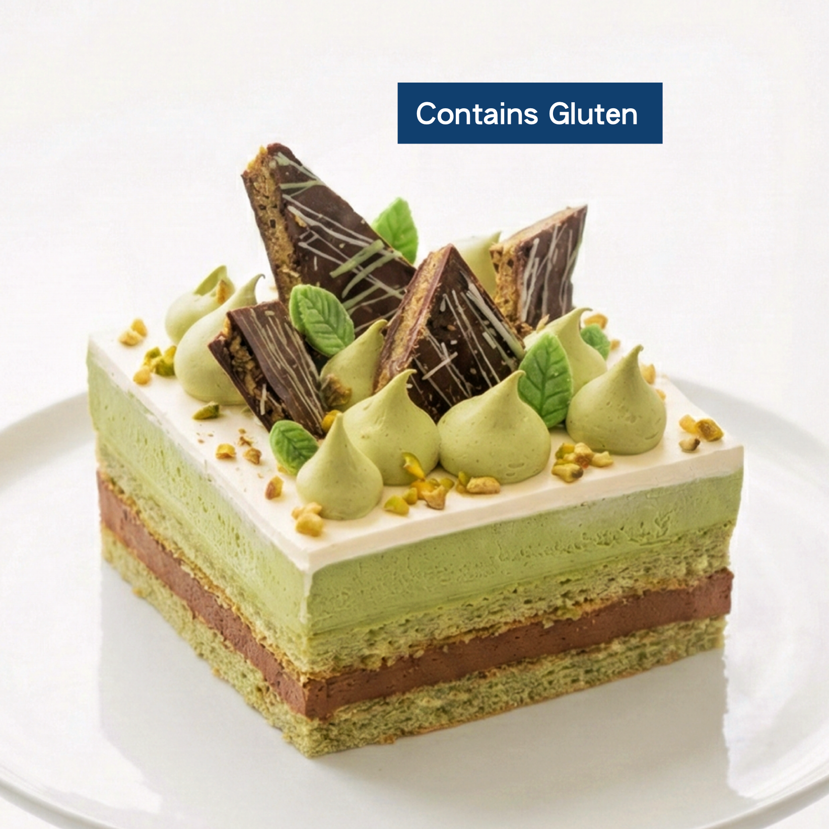 A luxurious Dubai Chocolate Layer Cake topped with house-made chocolate shards and pistachio ganache, handcrafted by BLUEBUTTER Patisserie in Perth.