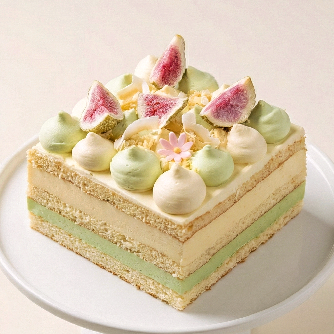 A premium gluten-free Durian and Pandan Layer Cheesecake topped with coconut jelly and freeze-dried figs, handcrafted by BLUEBUTTER in Perth.