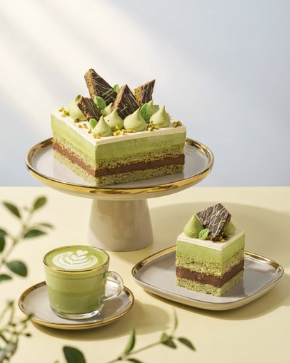 A luxurious Dubai Chocolate Layer Cake topped with house-made chocolate shards and pistachio ganache, handcrafted by BLUEBUTTER Patisserie in Perth.