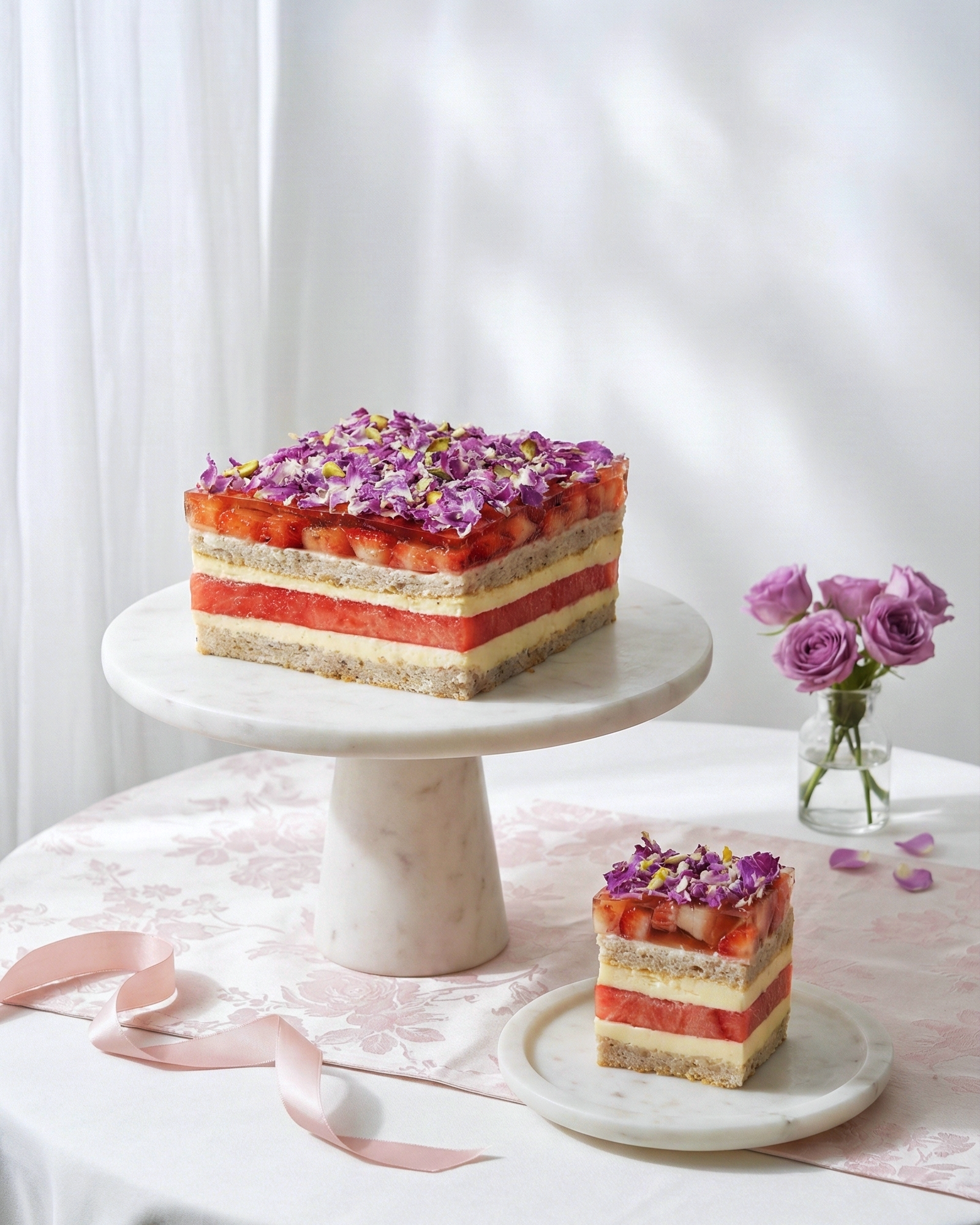 A signature gluten-free Watermelon and Strawberry Layer Cake beautifully topped with fresh strawberries, rose jelly, and pistachios, handcrafted by BLUEBUTTER Patisserie in Perth.