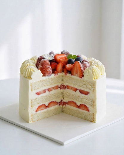 Cross-section showing light fluffy sponge cake layered with velvety smooth cream and fresh sweet strawberries.