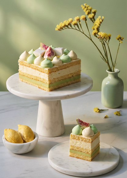 A premium gluten-free Durian and Pandan Layer Cheesecake topped with coconut jelly and freeze-dried figs, handcrafted by BLUEBUTTER in Perth.