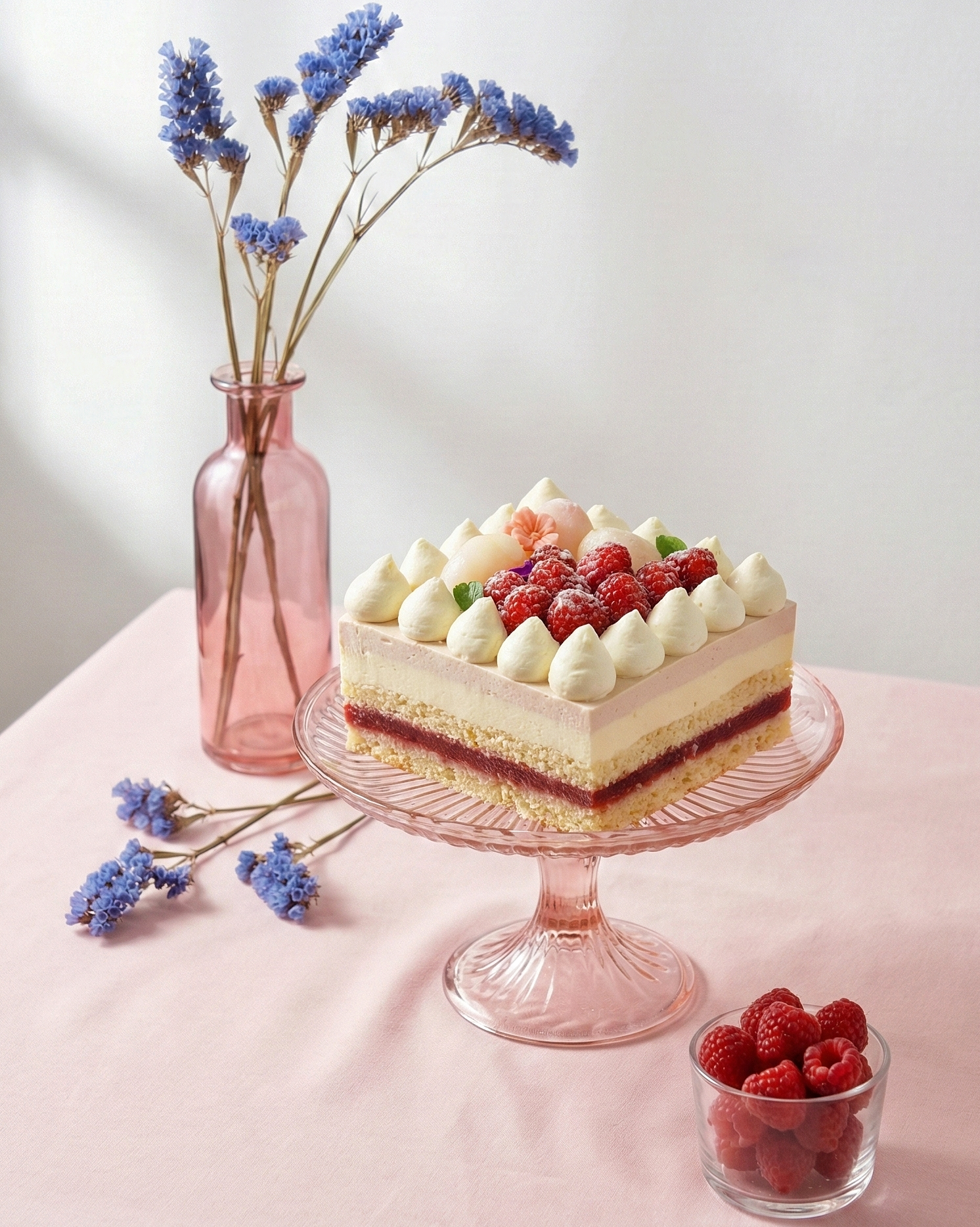 An elegant gluten-free Lychee and Raspberry Layer Cake topped with raspberry ganache, fresh fruits, and delicate chocolate flowers, by BLUEBUTTER Patisserie in Perth.