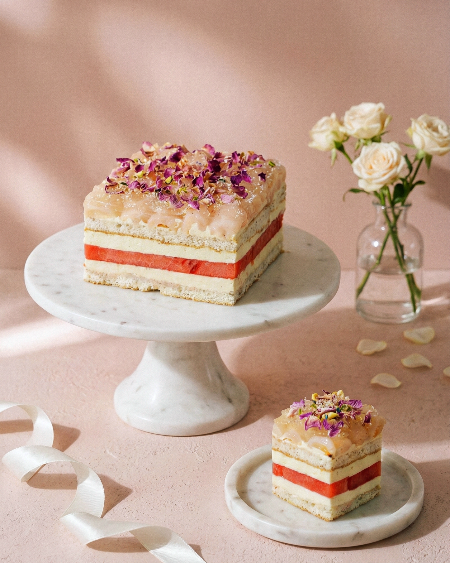 A beautifully handcrafted Watermelon and Lychee Layer Cake featuring delicate rose cream and fresh watermelon, by BLUEBUTTER Patisserie in Perth.