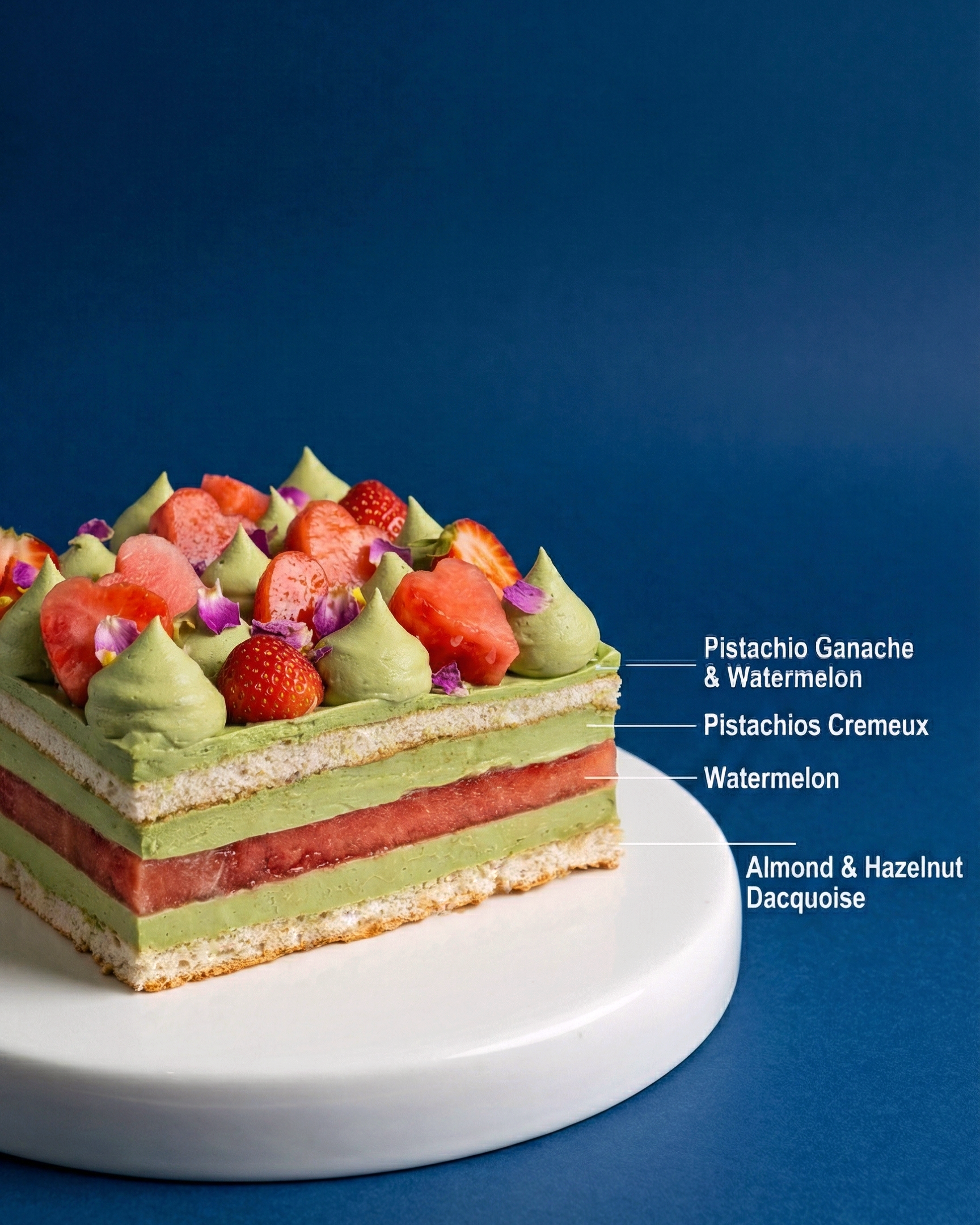 Cross-section showing a fresh slice of watermelon inside smooth pistachio cream and an almond dacquoise base.