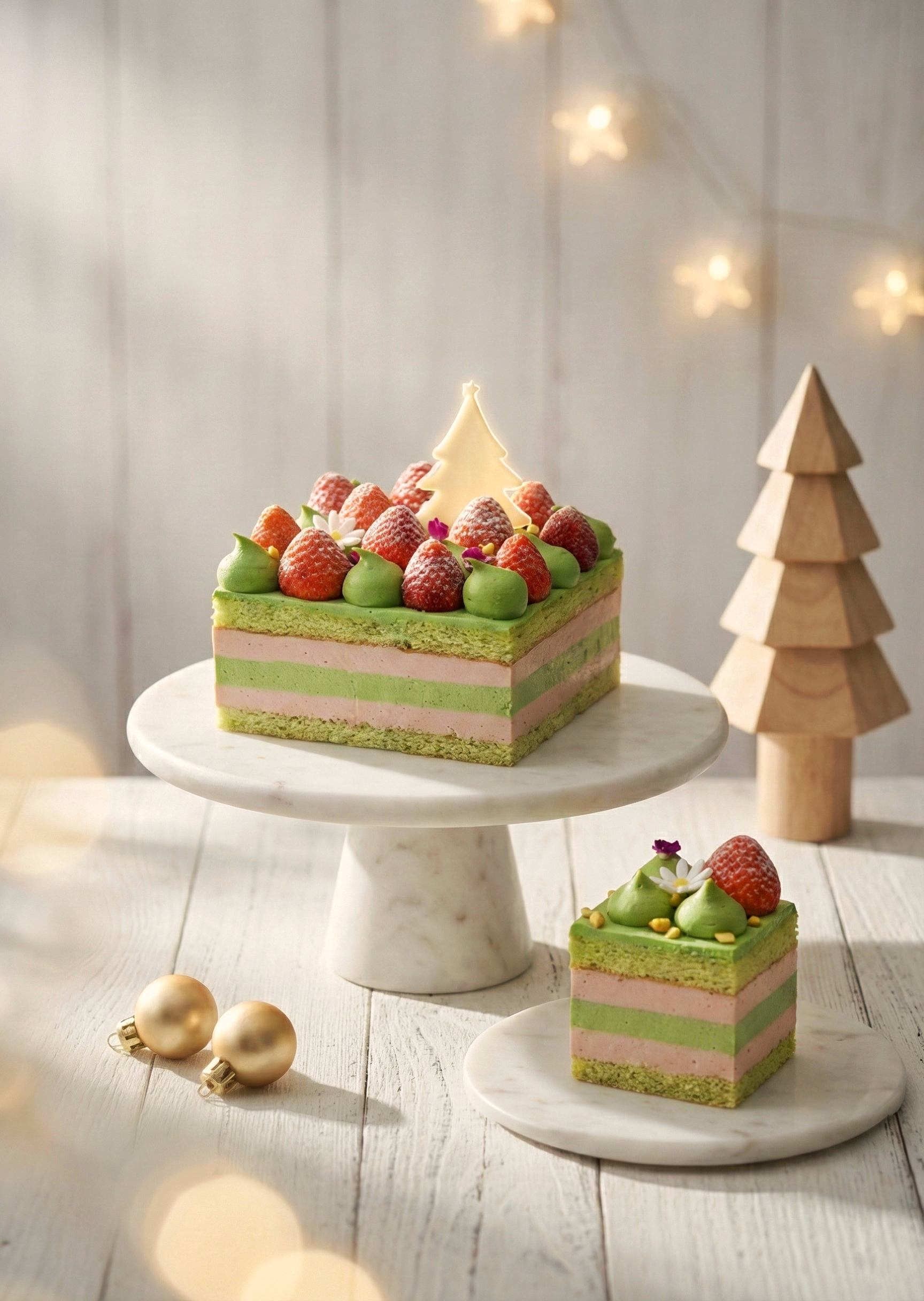 A premium gluten-free Pistachio and Strawberry Layer Cake, balancing nutty richness with fruity brightness, handcrafted by BLUEBUTTER Patisserie in Perth.
