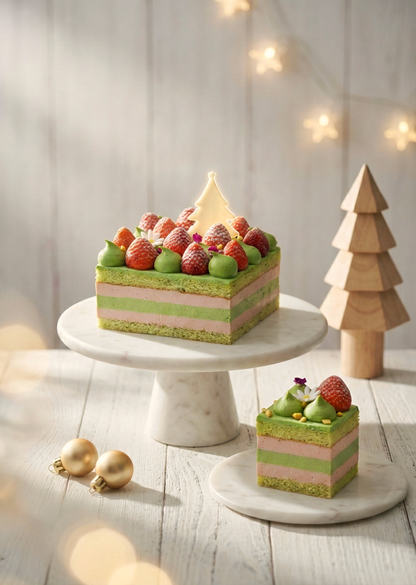 A premium gluten-free Pistachio and Strawberry Layer Cake, balancing nutty richness with fruity brightness, handcrafted by BLUEBUTTER Patisserie in Perth.