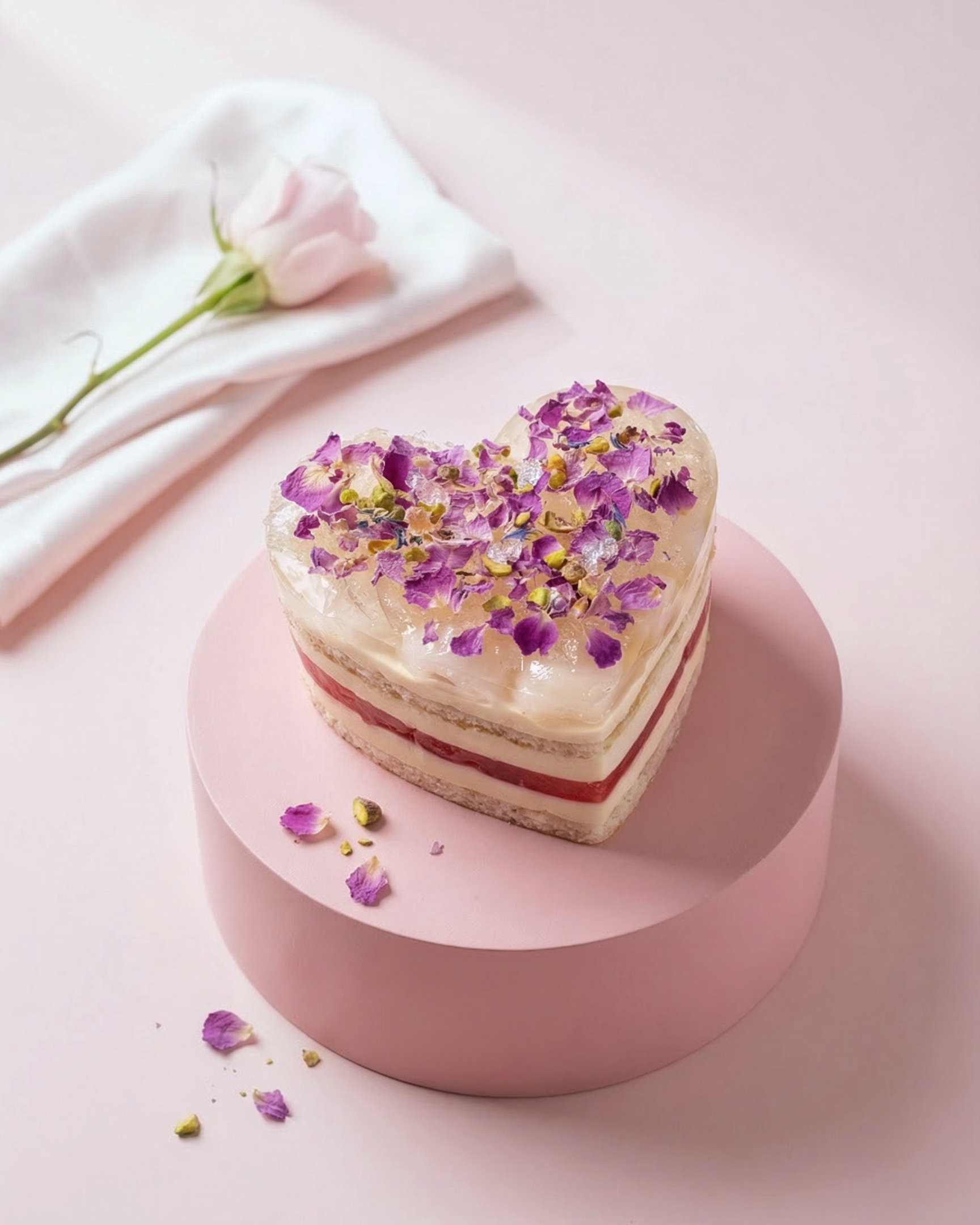 Close-up of a delicate heart-shaped fresh fruit cake featuring lychee rose crémeux and a crisp watermelon centre.