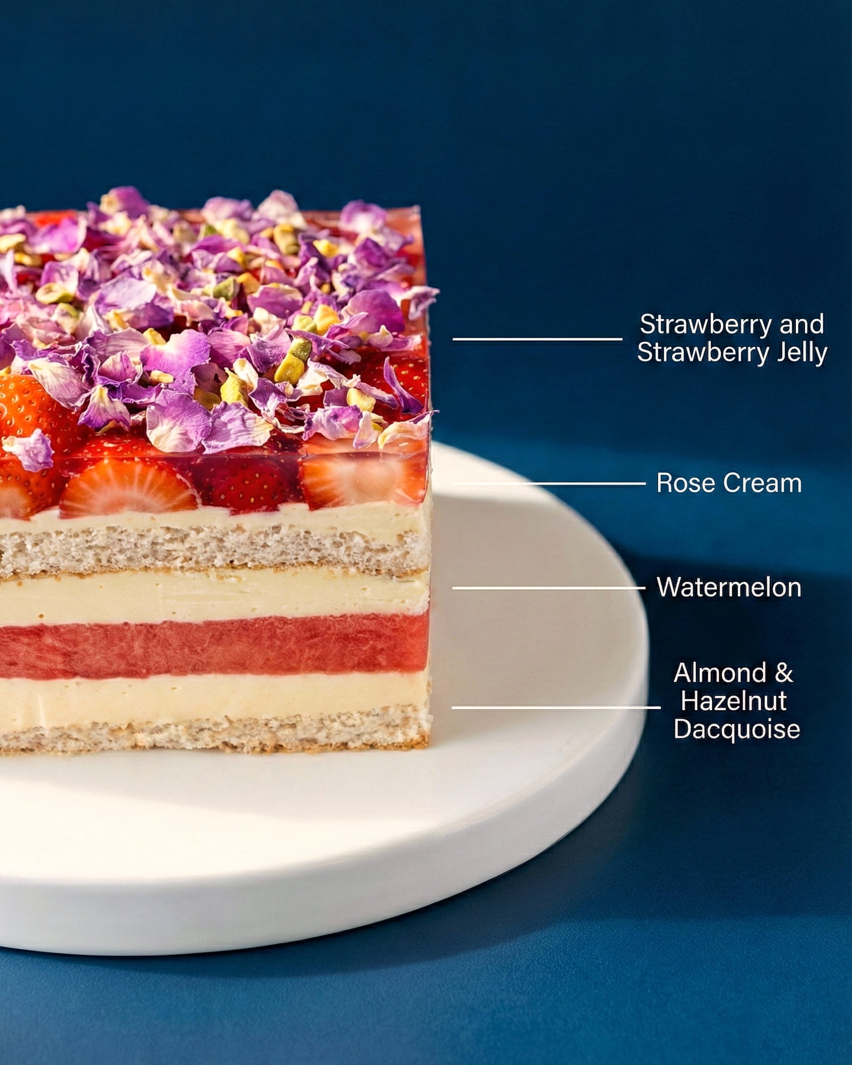 Cross-section of our signature fresh fruit layer cake showing crisp watermelon, soft rose-infused cream, and a chewy almond dacquoise base.