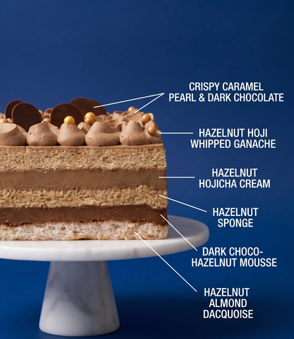 Cross-section of BLUEBUTTER’s Hazelnut Hojicha Chocolate Layer Cake showing hazelnut almond dacquoise, dark chocolate hazelnut mousse, hazelnut almond sponge and hojicha cream.