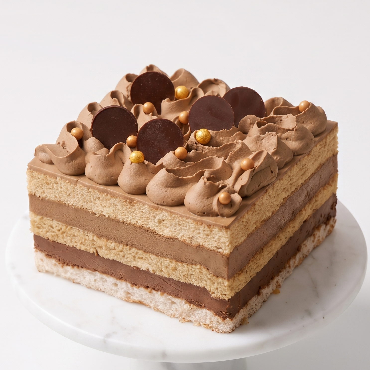 A premium Hazelnut Hojicha Chocolate Layer Cake elegantly topped with whipped ganache, crispy caramel pearls, and dark chocolate, handcrafted by BLUEBUTTER in Perth.