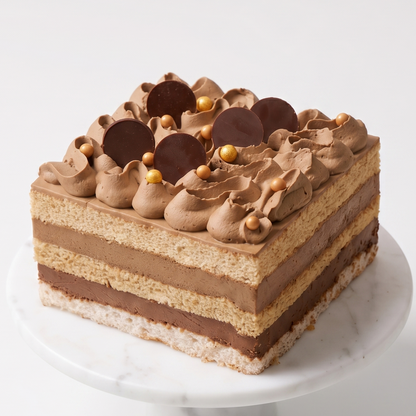 BLUEBUTTER Hazelnut Hojicha Chocolate Layer Cake with dark chocolate mousse, roasted hojicha cream and hazelnut decoration.