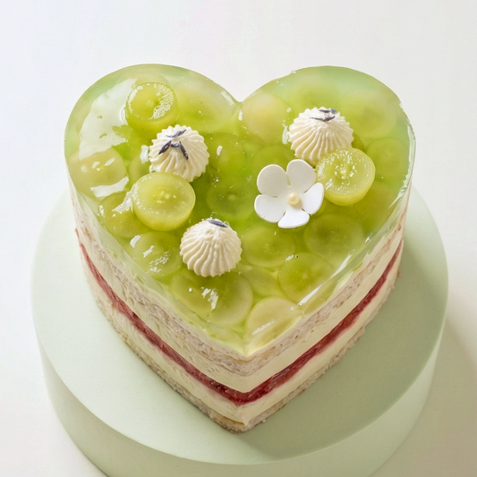 BLUEBUTTER Heart-Shaped Watermelon & Grape Layer Cake with fresh watermelon, grapes, cream and almond hazelnut layers.