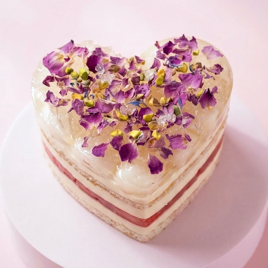 BLUEBUTTER Heart-Shaped Watermelon & Lychee Layer Cake with fresh watermelon, lychee rose cream and crushed pistachios.