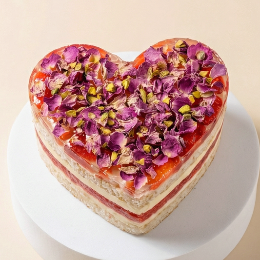 BLUEBUTTER Heart-Shaped Watermelon & Strawberry Layer Cake with fresh watermelon, rose cream, strawberries and crushed pistachios.