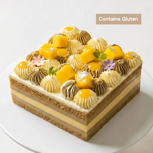 BLUEBUTTER Hojicha and Lemon Layer Cake with roasted hojicha cream and a bright lemon finish, handcrafted in Perth.