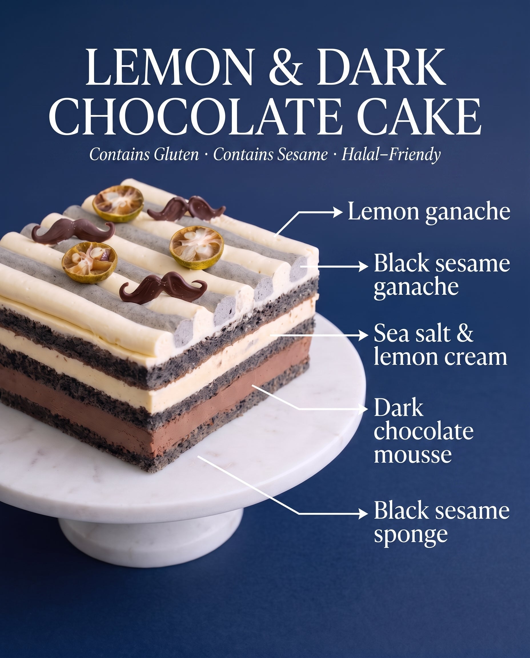 Cross-section of BLUEBUTTER’s Lemon and Dark Chocolate Layer Cake showing lemon ganache, black sesame ganache, sea salt lemon cream, dark chocolate mousse and black sesame sponge.