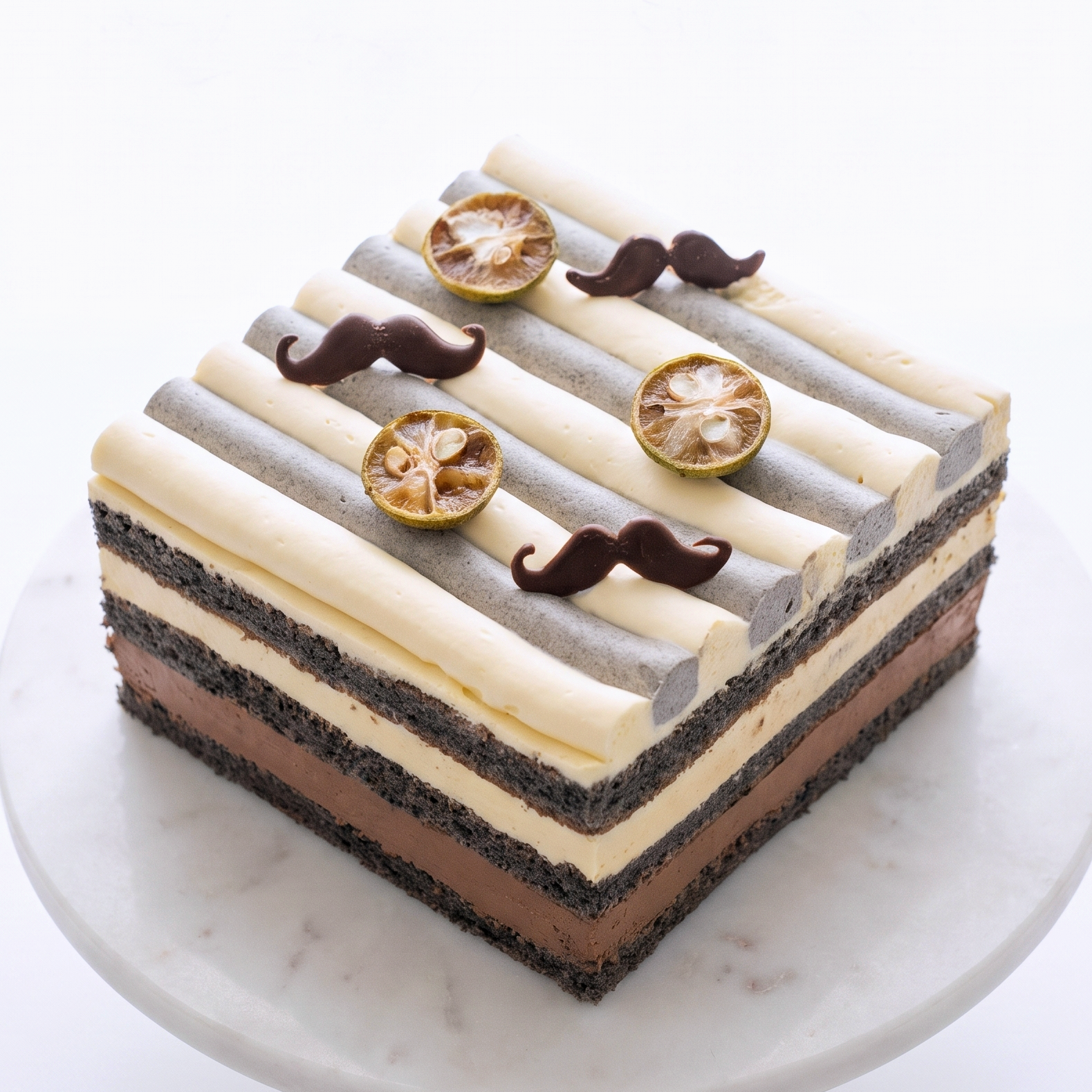 BLUEBUTTER Lemon and Dark Chocolate Layer Cake with black sesame sponge, lemon cream and chocolate mousse.