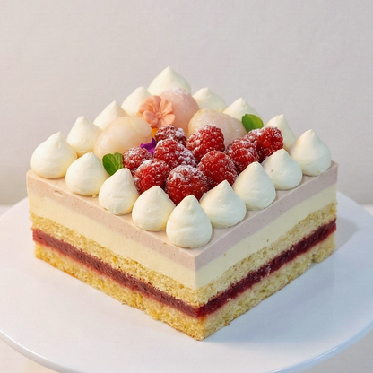 An elegant gluten-free Lychee and Raspberry Layer Cake topped with raspberry ganache, fresh fruits, and delicate chocolate flowers, by BLUEBUTTER Patisserie in Perth.