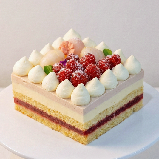 An elegant gluten-free Lychee and Raspberry Layer Cake topped with raspberry ganache, fresh fruits, and delicate chocolate flowers, by BLUEBUTTER Patisserie in Perth.