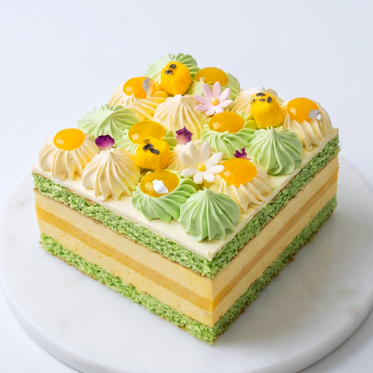 BLUEBUTTER Mango and Pandan Layer Cake with mango coulis, pandan cream and white chocolate whipped ganache, handcrafted in Perth.