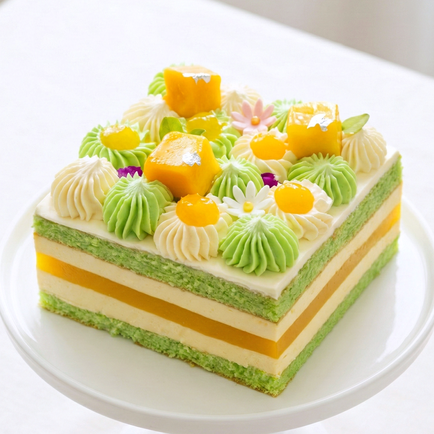 A beautifully crafted gluten-free Mango and Pandan Layer Cake, featuring vibrant tropical fruit layers, by BLUEBUTTER Patisserie in Perth.