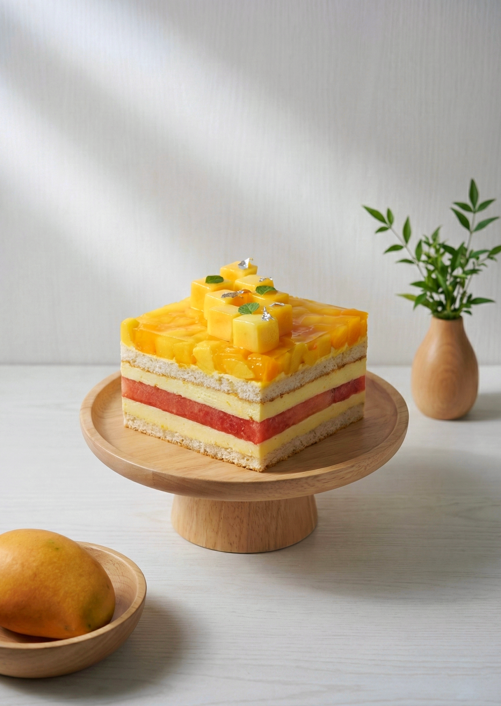 Watermelon and mango layer cake with orange cream, fresh watermelon, seasonal mango and almond hazelnut base by BLUEBUTTER Perth