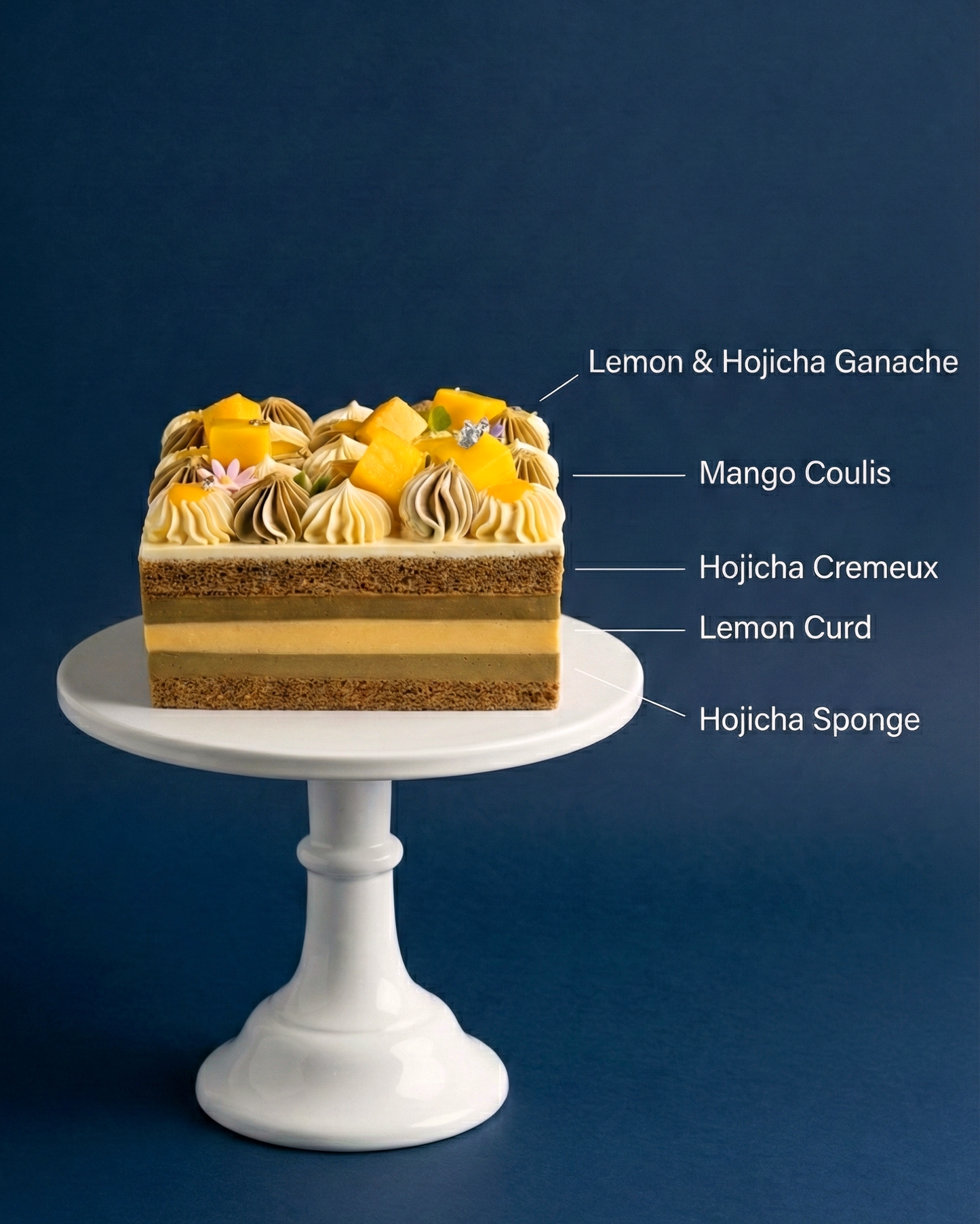 Cross-section of an elegant layer cake showing moist hojicha sponge, smooth hojicha cream, and a bright lemon curd centre.