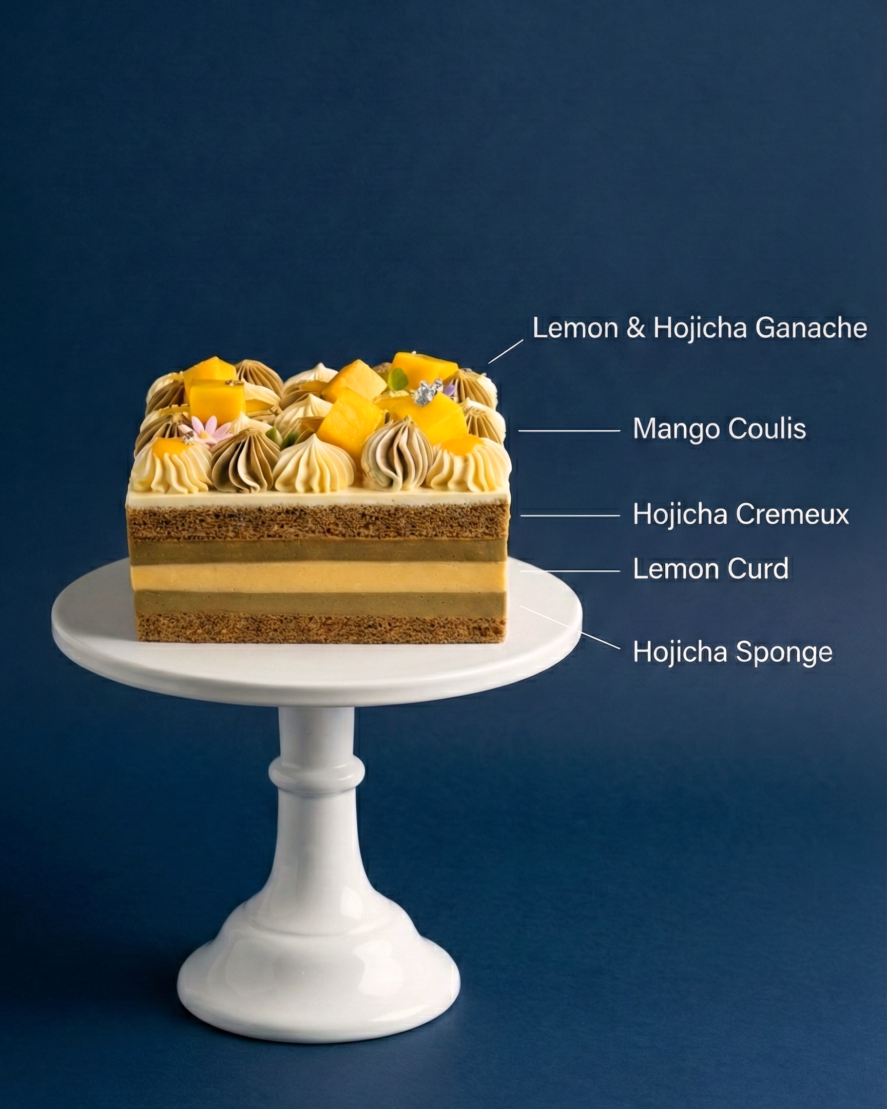 Cross-section of an elegant layer cake showing moist hojicha sponge, smooth hojicha cream, and a bright lemon curd centre.
