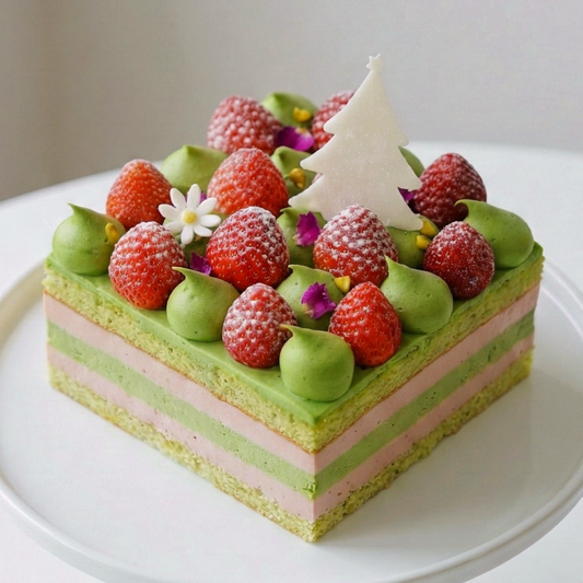 BLUEBUTTER Pistachio & Strawberry Layer Cake with pistachio cream, fresh strawberries and crushed pistachios.